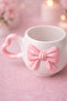 Heart Handle 3D Pink Bow D Patterned Special Embossed Fully Handmade Ceramic Mug - 4