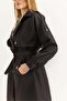 Women's Double-Breasted Collar Buttoned Belted Trench Coat Black - 4