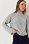 Women's turtleneck knit sweater with stone and pearl embellishments - grey - 3