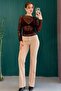 Stretch Fabric Crepe Beige Trousers with Knitted Fabric Stripes