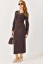 Lace collar Cashmere fabric long dress brown
