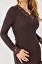 Lace collar Cashmere fabric long dress brown - 4