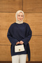 Women's Shawl Detail Side-Tie Blouse Navy Blue - 5