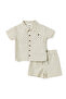 Boys 2 Pc Set “Coastal Stripe” Collared Button-Front Shirt & Draw-Waist Shorts Set - 3