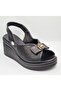 D26Ys-5295 Black Genuine Leather Wedge Heel Pcs (7cm) Elastic Women's Sandals - 2