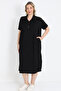 Black Women Plus Size Stretch Fabric Striped Detail Pocketed Button V-Neck Slit Short Sleeve Long Dress