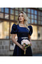 Women's Navy Blue Square Neck Watermelon Sleeve Stone Embroidered K Belt I Satin Long Evening Dress