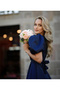 Women's Navy Blue Square Neck Watermelon Sleeve Stone Embroidered K Belt I Satin Long Evening Dress - 2