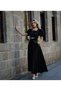 Women's Black Square Neck Watermelon Sleeve Stone Embroidered K Belt I Satin Long Evening Dress - 4