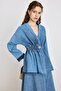 Elastic Waist Stoned Snap Fastener Jacket Skirt Denim Set Blue 9445-Tk - 5