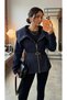 Women's Dark Navy Blue Waist Length Tie-Detail Zipper Denim Jacket - Wide Collar Jacquard Jacket