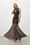 Drop Collar Tulle Detailed Long Dress with Back Zipper - 2