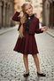 Girl's Collar and Jacket Edges Striped Detail Jacket Classic Shirt Pleated Claret Red Chanel Skirt Set - 3