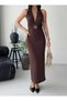 V-Neck Halter Neck Tie-Detail Waist Cuffed Gold Accessory Detail Side Ruched Side Slit Maxi Dress - 4