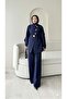 Moire Stone-Embellished Tie-Detail Waist Trouser Set - Navy Blue