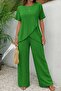 Women's Short Sleeve Crew Neck Asymmetrical Cut Detailed Wrinkled Blouse and Trousers Two-Piece Set - 2