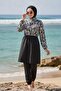 Fully Covered Black Patterned Hijab Islamic Swimwear 3-Piece Set Parachute Fabric - 2