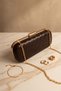 Brown Gold Braided Leather Chain Metal Cover Clutch Bag - 3