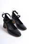 Black Skin Medium Heeled Two-Strap Women's Shoes - 5