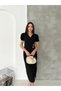 Women's Black Crepe Fabric Short Sleeve Double-Breasted Collar Midi Length Dress 10E-2403 - 3