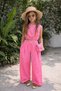 Girl's Linen Cropped Top and Bottom Set - Summer Comfortable Two-Piece Set with Wide-Leg Pants Pink