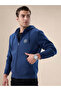 Solid Brand Logo Hooded Zipper Regular Fit Denim Sweatshirt - 2