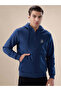 Solid Brand Logo Hooded Zipper Regular Fit Denim Sweatshirt