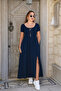 Women's Short Sleeve Round Neck Front Slit Pocket Viscose Long Dress - 2