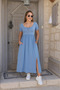 Women's Short Sleeve Round Neck Front Slit Pocket Viscose Long Dress - 3