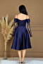 Satin Collar Lace Detailed Midi Dress - Dark Blue - 8
