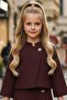 Girl's Turtleneck Single Button Jacket Asymmetrical Cut Gold Button Detail Burgundy Chanel Skirt Set - 5