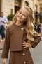 Girl's Diamond Stone Button Jacket Asymmetrical Cut Gold Button Detail Brown Suede Skirted Suit - 5