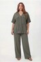 Waist Tie Detailed V-Neck Women's Plus Size Jacket and Trousers Set Khaki