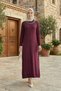 Women's Burgundy Crystal Fabric Stone Detailed Long Hijab Dress - 4