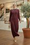 Women's Burgundy Crystal Fabric Stone Detailed Long Hijab Dress - 3