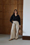 Elastic Waist Flare Gabardine Trousers Stone