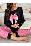 Black Bowknot Print T-Shirt and Striped Pyjama Set - 3