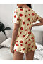 Beige Strawberry Print T-Shirt and Shorts Set - 2