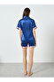 Navy Blue Contrast Edge Satin Shirt and Shorts Set - 5
