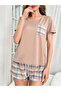 Beige Plaid Pocket Print T-Shirt and Shorts Set - 3