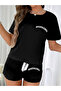 Black Slogan Text Print T-Shirt and Shorts Set - 5