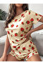 Beige Strawberry Print T-Shirt and Shorts Set - 5