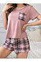 Pink Plaid Pocket Print T-Shirt and Shorts Set - 4
