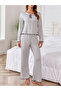 Grey Lettuce Edge Bowknot Detail T-Shirt and Pyjama Set
