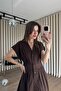 Brown Gold Buttoned Pleated Shirt Dress