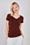 Women's Front and Back V-Neck Short Sleeve Bodysuit - Bitter Brown - 2