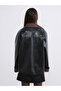 Black Petite Velvet Collar Women's Leather Look Coat - 5