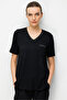 Women's V-Neck Pocket Satin Striped Combed Cotton T-Shirt 26828 Black - 2