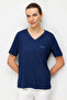 Women's V-Neck Pocket Satin Striped Combed Cotton T-Shirt 26828 Navy Blue