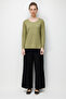 Women's Crew Neck Pocket Satin Striped Combed Cotton Blouse 26832 Green - 2